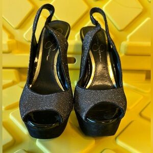Jessica Simpson 5.5 Platform Sparkle Gold Silver Black Heels